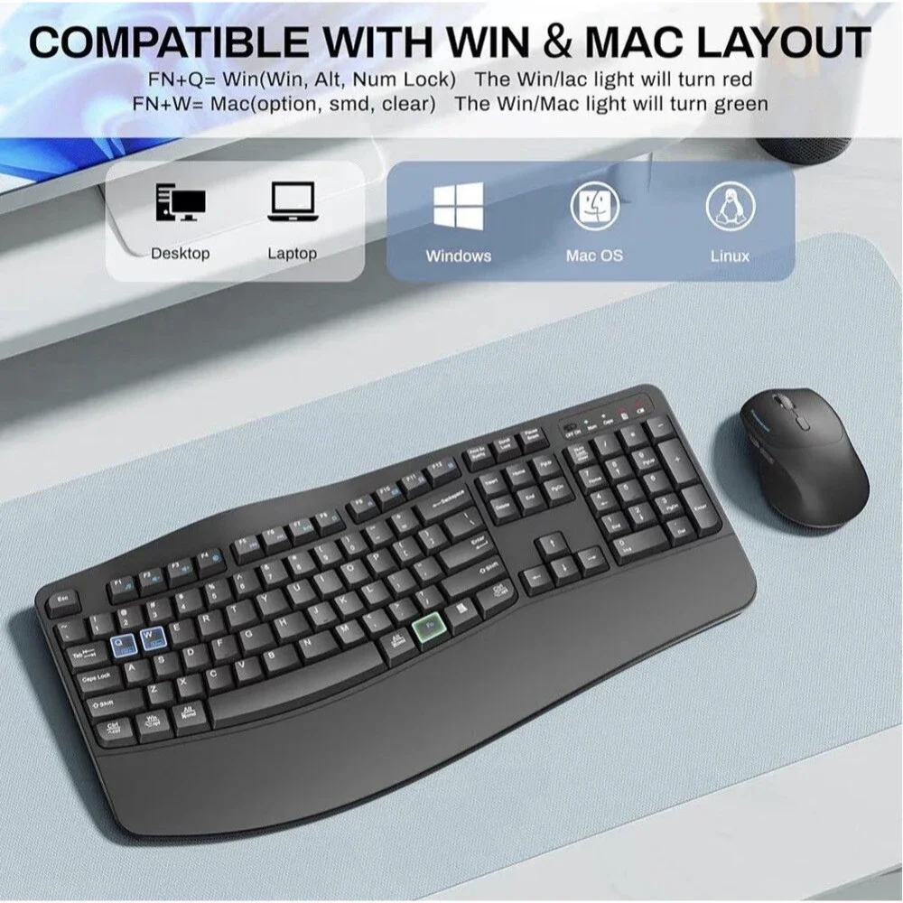 Wireless Keyboard and Mouse Combo,2.4G Full Size Wave Keys Ergonomic Keyboard